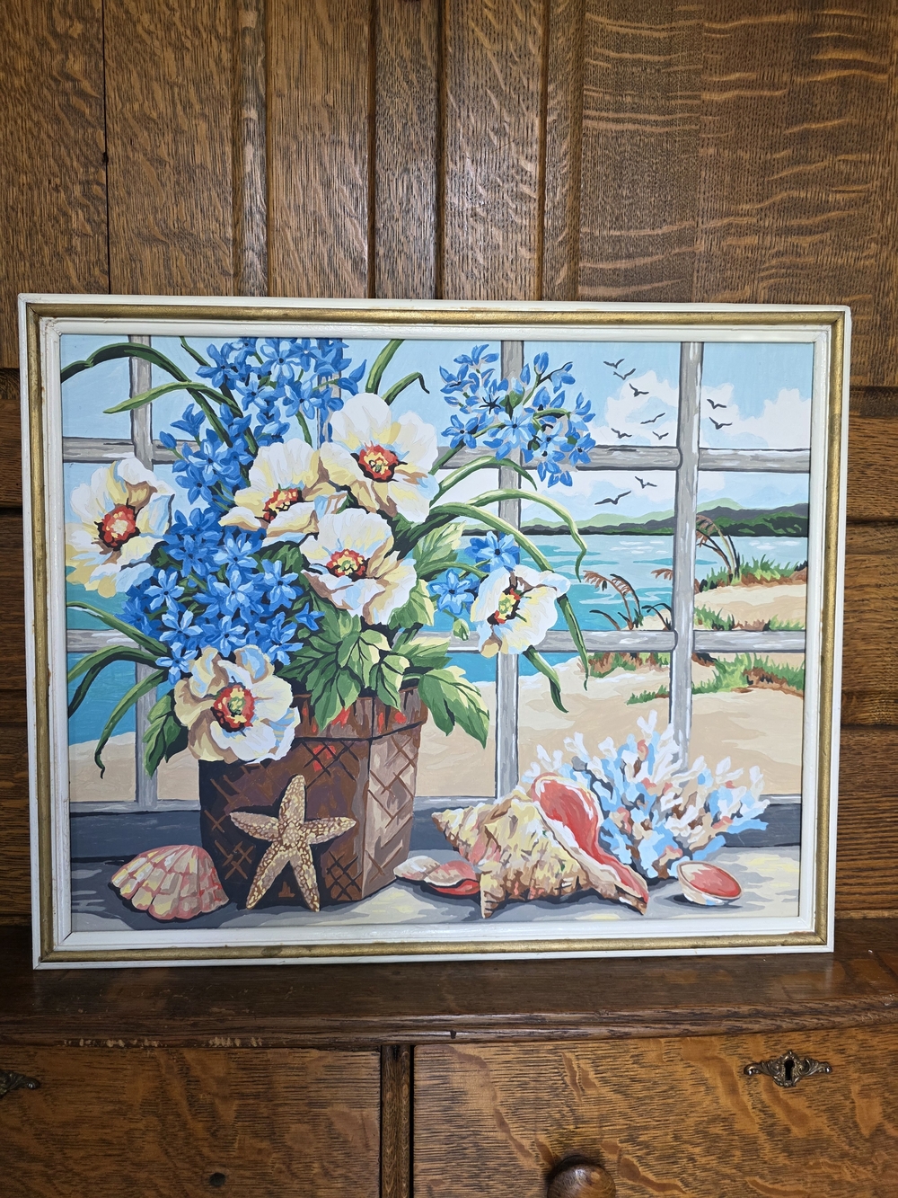 Vintage Paint By Number Framed Coastal Seascape Art Flowers & Shells 21.5"x17.5"